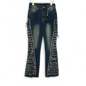 Gilipur Dk Blue Boho Retro 70’s Distress Flare Jeans Fringe Stretch Cotton S NEW